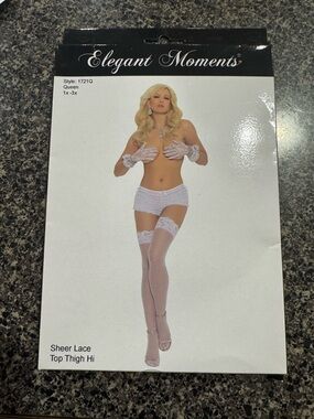 Elegant Moments Sheer Lace Top Thigh Hi - White 1X-3X